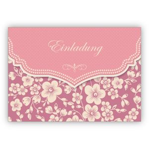 4x Wunderbare Vintage Einladungskarte mit Retro Kirschblüten Muster in rosa zur Hochzeit, Taufe, Diner etc: Einladung