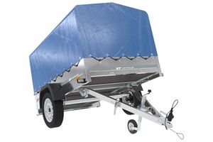 Auto Anhänger 230x125 Garden Trailer 230 KIPP Unitrailer 750 kg mit Stützrad, blauer Hochplane und Hochspriegel