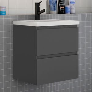 Badezimmermöbel 50cm CINIC-Serie Mineralguss Waschtisch mit Unterschrank Hängeschrank Badezimmerschränke mit 2 Schubladen Anthrazit
