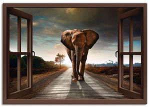 ARTland Leinwandbild Elefant auf Straße - braunes Fenster Größe: 70x50 cm