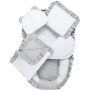 JUKKI® Baby Nestchen 5tlg BAUMWOLLE SET für Neugeborene [Pastel Grey] 2seitig 100x55cm Babynest + Matratze + Decke + 2xKissen