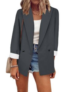 Damen Blazer Jacken Leicht Outdoor Knöpfen Mantel Feste Farbe Arbeiten Langarmshirt Dunkelgrau,Größe S