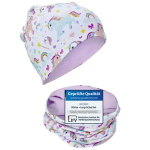 HECKBO Kinder Mädchen Beanie Mütze & Loop-Schal Set - für Frühling, Sommer, Herbst & Winter - Wendemütze Einhorn - 2 bis 8 Jahren - 95% Baumwolle - weiches & pflegeleichtes Stretch-Material HECKBO Kinder Mädchen Beanie Mütze & Loop-Schal Set - für Frühling, Sommer, Herbst & Winter - Wendemütze Einhorn - 2 bis 8 Jahren - 95% Baumwolle - weiches & pflegeleichtes Stretch-Material