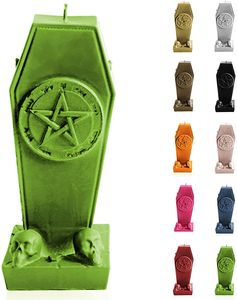 Candellana Kerze Sarg mit Pentagramm - Höhe: 17 cm - Brennzeit 35h - Halloween - Handgefertigt in der EU - Grün