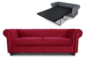 Schlafsofa Chesterfield Asti Bis 3-Sitzer, Sofa mit Schlaffunktion, Couch 3-er, Couchgarnitur, Sofagarnitur, Holzfüße - Glamour Design, Velours (Rot (Velvet 59))