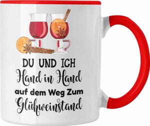 Trendation - Glühwein Tasse Lustig Spruch Glühweinbecher mit Henkel Doppelwandig Glühweintassen Gläser Weihnachtsmarkt Becher Tassen Geschenk - Hand In Hand Zum Glühweinstand (Rot)
