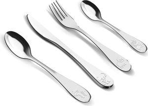 LAMART LT5013 Detské príbory set 4 ks z prvotriednej nehrdzavejúcej ocele 18/0, strieborná, rozmeyr: lyžička 14,5 cm; lyžica 17,5 cm; vidlička 17,5 cm; nôž 19 cm