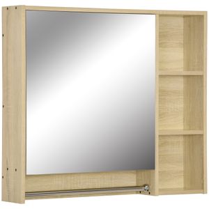 kleankin Spiegelschrank Badschrank Hängeschrank Wandschrank Badmöbel Mehrzweckschrank mit offener Fächern Badezimmer Spanplatte Glas Natur 80 x 15 x 70 cm