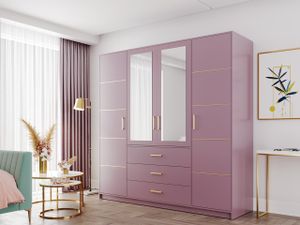 MIRJAN24 Kleiderschrank Tytus D4 II, Drehtürenschrank, Garderobenschrank mit Spiegel, Schlafzimmer Garderobe (Farbe: Pflaume / Pflaume + Gold)