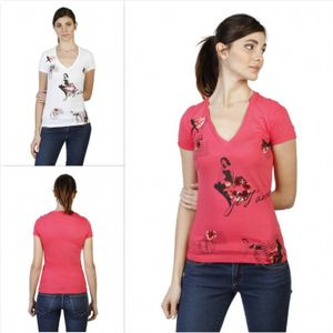 Trussardi Damen Marken T-Shirt mit V-Ausschnitt, Größe:L, Farbe:Rosa, Herstellerfarbe:deeppink.black
