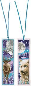 Vervaco Lesezeichen Kreuzstich Set "Wolf, Hirsch, Mond" 2er Set, Zählmuster, 6x20cm