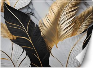 Vlies fototapete Goldene, schwarze und weiße Blätter auf einem Marmorhintergrund 450x315 cm Feeby Weiß inkl. Kleber einfache Montage