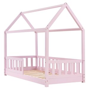Juskys Kinderbett Marli 80 x 160 cm mit Rausfallschutz, Lattenrost und Dach - Hausbett für Kinder aus Massivholz - Bett in Rose