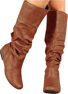 ASKSA Damen Stiefeletten Overknees Stiefel Flach Cowboystiefel Kniehoch Langschaft Stiefel, Braun, Größe: 41