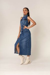 Elegantes Neckholder Jeans Kleid Midi Denim Dress Ärmellos | M
