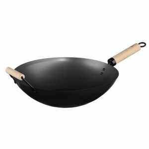 Ocelová wok s dřevěnou rukojetí, 35 x 9 cm