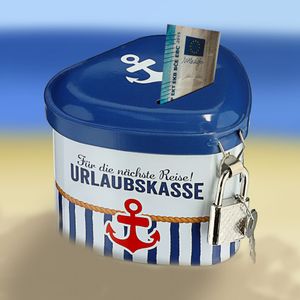 Spardose "Urlaubskasse" in Herzform Sparschwein Sparbüchse Maritim mit Schloß