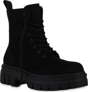 VAN HILL Damen Stiefeletten Plateau Boots Stiefel Profil-Sohle Schuhe 839121, Farbe: Schwarz Velours, Größe: 38