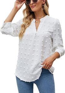 ASKSA Damen Chiffon Bluse V-Ausschnitt Pom Pom T-Shirt 3/4 Ärmel Elegant Tunika Casual Oberteile, Weiß, XL