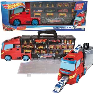 Hot Wheels Truck Transporter 50 červené vozidlo + auta a silniční příslušenství