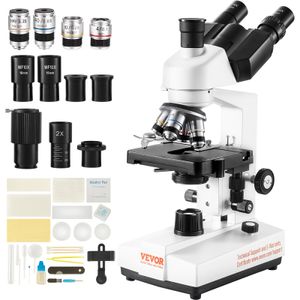 VEVOR Trinokulares Mikroskop 10X, 25X, 2X Hilfslinse Compound Mikroskop, Objektive 4X, 10X, 40X, 100X, Labor Auflicht Mikroskop Vergrößerung 40-5000, 100–240 V LabormikroskopVerbundmikroskop