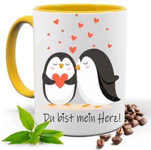 Geschenkasse Gelb, Valentinstag Weihnachten, Geburtstag | Du hast mein Herz! Pinguin | Kakao- Kaffee- Tee- Fototasse| Geschenke für männer frauen | Keramik Tasse |Spülmaschinenfest