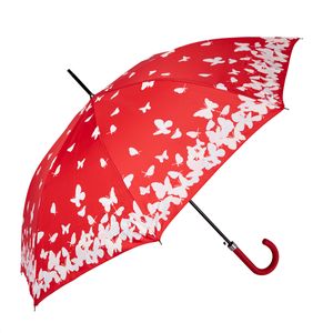 Biggbrella  So003 Regenschirm, 8 Rippen, Windsicher, Groß, Leicht, Automatik, Starker Stockschirm für Damen und Herren, Rot, Schmetterlinge Muster, 104cm