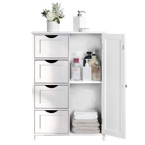 JEOBEST Badschrank Beistellschrank Spiegelschrank Badezimmer Schrank Kommode  mit 4 Schubladen u. 1 Schrank-Abteil aus Holz Weiß