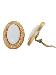 Clip Ohrring 30x21mm oval weiß mit Rahmen goldfarbig Kunststoff-Bouton weiß 30x21mm