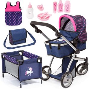 Bayer Design Kombi-Puppenwagen Mega Set mit Puppenbett, Schlafsach, Tasche, Zubehör, blau, rosa, Einhorn