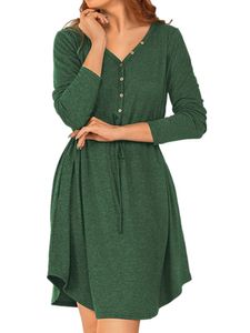 Damen Sommerkleider Knöpfe Kleid V-Ausschnitt Kleider Rüschen Langärmliges Strandkleid Grün,Größe XXL