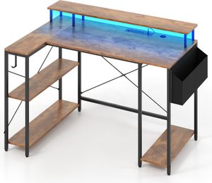 COSTWAY Biurko w kształcie litery L 120 cm z gniazdami zasilania, LED, stojakiem na monitor, półkami i torbą do przechowywania, biurko narożne, biurko komputerowe do gier brązowe