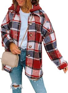 Damen Flanellkaro-Hoodie-Jacken mit Knopfverschluss, Kordelzug-Kapuzenhemden, Herbstmanteljacken mit Taschen, Rot