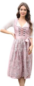 Acekool Dirndl Damen Midi Trachtenkleid Oktoberfest Trachtenmode Kleid inkl. Dirndlbluse Dirndlschürze Rosa 52