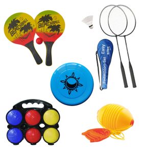 Garten & Strandspiele verschiedene Spiele im Set Badminton & Strandtennis Boccia Beach-Ball Frisbee Boing-Ball