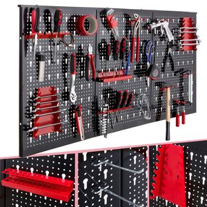 AREBOS Werkzeugwand dreiteilig | 17-teiliges Hakenset | 120 x 60 x 2 cm | Werkzeug Lochwand aus Metall + Halterungen + Montagematerial | Rot