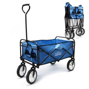 Skladací ručný vozík s plastovými pneumatikami a rukoväťou, modrý, ložná plocha 80x46 cm, vhodný na použitie v teréne