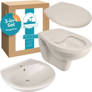 Calmwaters® Spülrandloses Hänge WC, Set in Pergamon aus Wand WC, Toilettendeckel mit Absenkautomatik und 60 cm großem Waschbecken, 99000203