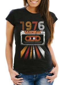 Damen T- Shirt Geburtstag, Retro Aufdruck Kassette Geburtsjahr 1970 bis 1979 lustiges Geschenk für Frauen MoonWorks® 1976 schwarz XS