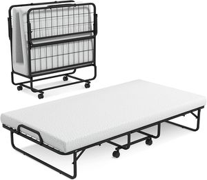 Skladacia posteľ pre hostí COSTWAY 97x190 cm, skladacia posteľ s 10 cm hrubým matracom s penovým jadrom, kovový lamelový rám, skladacia posteľ s kolieskami a robustným kovovým rámom, nosnosť do 180 kg