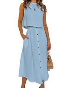 Damen Sommerkleider Einfarbige Crop Top und Midi Röcke Freizeitanzug 2 Teilig Set Blau,Größe XL