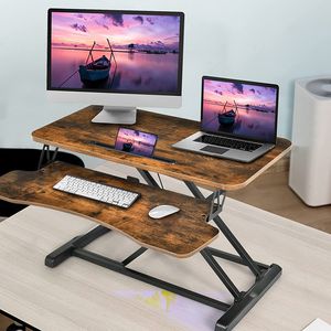 GOPLUS Sit-Stand Workstation, Höhenverstellbarer Schreibtischaufsatz, ergonomischer Sitz-Steh-Schreibtisch aus Metallgestell und Spannplatte, Gasdruckfeder, belastbar bis 15 kg (Braun)