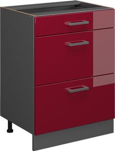 Vicco Küchenunterschrank R-Line, 60 cm mit Schubladen, ohne Arbeitsplatte, Bordeaux Hochglanz/Anthrazit