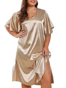 Damen Nachthemden V-Ausschnitt Unterkleid Satin Nachtwäsche Große Größe Lingerie Negligee Golden,Größe 4XL