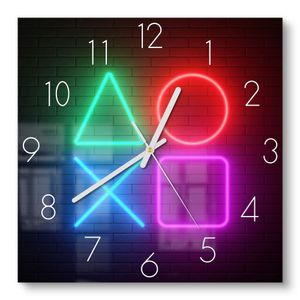 DEQORI Glasuhr 30x30 cm Zahlen 'Playstation Elemente' Wanduhr Glas Uhr Design leise
