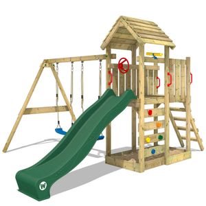 WICKEY Spielturm Klettergerüst MultiFlyer Holzdach mit Schaukel & Rutsche, Kletterturm mit Holzdach, Sandkasten, Leiter & Spiel-Zubehör - grün