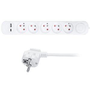 Predlžovací kábel s 5 zásuvkami + USB A + C a vypínačom 3m biely