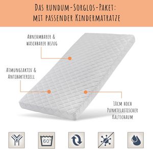 Kinderbett Bodenbett 140x200 cm Bett mit Matratze, Rausfallschutz & Lattenrost Montessori Kinder Jugendbett | weiss Kiefer Holz massiv Junge Mädchen
