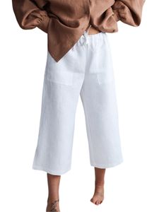 Damen Stoffhosen Leinen Hosen Leinenhose Cropped Lounge Yoga-Hosen Strandhose Weiß,Größe M