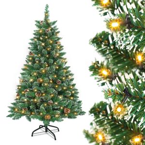 XMTECH 120cm PVC Künstlicher Weihnachtsbaum mit Warm Beleuchtung LED Tannenbaum mit Schnee & Kiefernzapfen Weihnachten-Dekoration